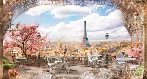 париж, франция, город, эйфелева башня, вид на город, вид из арки, балкон, столы, стулья, изгородь, небо, облака