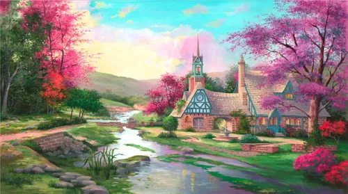 дом, здание, часы, фонтан, река, холм, деревья, кусты, цветы, розовые, красные, зеленые, небо, облака, закат, камни, природа