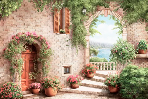 кирпичная стена, кирпич, арка, дверь, окно, ставни, растения, цветы, красные, розовые, белые, вазы, кусты, лестница, каменная кладка, ограда, горизонт, горы, водоем, пляж
