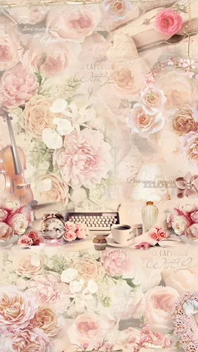 цветы, розы, скрипка, текст, письмо, часы, кофе, печатающая машинка, кекс, розовые, бежевые, винтаж, на дверь, узкие, вертикальные