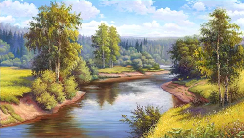 река, деревья, лес, берег, березы, трава, ель, небо, облака, русская, природа