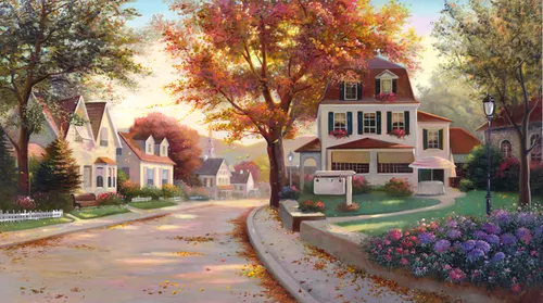 город, дома, здания, улица, дорога, фонарь, цветы, газон, деревья, осень, опавшие листья, оранжевые, зеленые, сиреневые