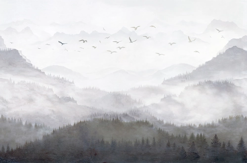 лес, туман, горы, птицы, серый, ели, деревья, облака, живопись 