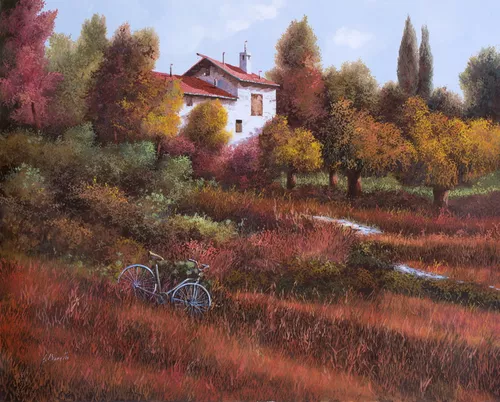 поле, луга, дом, здание, трава, деревья, кусты, осень, красные, бордовые, оранжевые, велосипед, белые, небо, голубые, облака