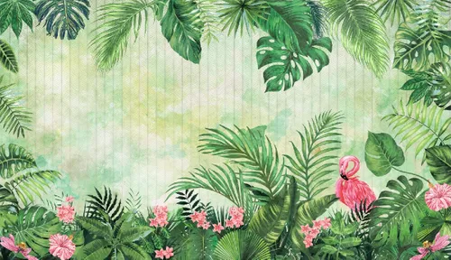 растения, листья, зеленые, монстера, пальмовые, тропические, полосы, линии, фламинго, птица, цветы, розовые