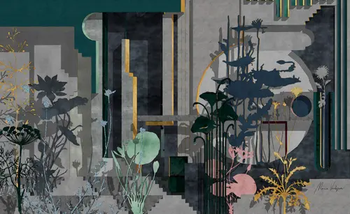 Мария Воробьева, геометрия, современный, линии, геометрические фигуры, фигуры, растения, трава, тень, объем, лестница, круги, круг, листья 