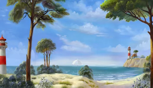 море, берег, песок, океан, вода, волны, трава, маяк, маяки, дом, домик, деревья, небо, облака, горизонт, зонт, белый зонтик, кусты, пляж, сосна, сосны