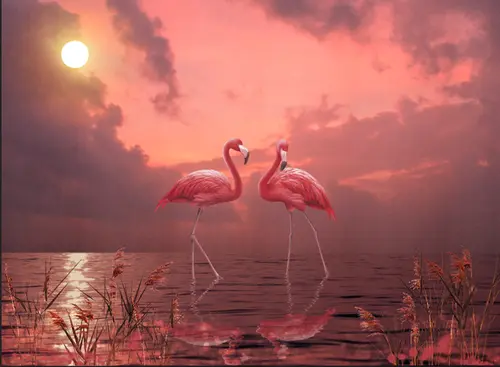 птицы, фламинго, закат,вода,розовый фламинго