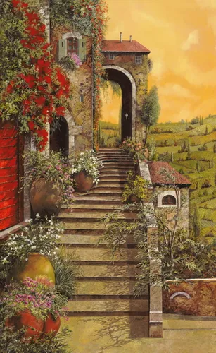 лестница, ступени, дом, здание, поля, луга, природа, деревья, растения, камень, окна, цветы, клумбы, вазы, красные, зеленые, белые