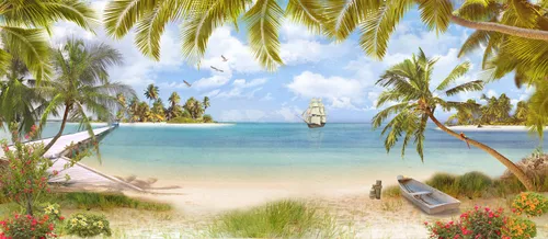 пальмы, тропики, пляж, берег, песок, вода, море, океан, небо, лодка, корабль, пристань, остров, чайки, облака, цветы, розовые, оранжевые, белые