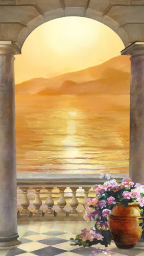 арка, вид из окна, забор, цветы, ваза, море, вода, горы, солнце, лучи, желтые, на дверь, узкие, вертикальные
