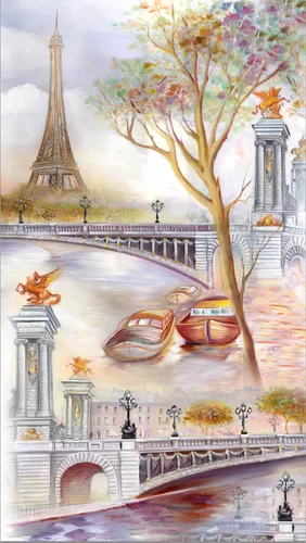 париж, франция, эйфелева башня, мост, статуи, фонари, лодки, вода, река, дерево, голубые, серые, оранжевые, расширяющие пространство, на дверь, узкие, вертикальные