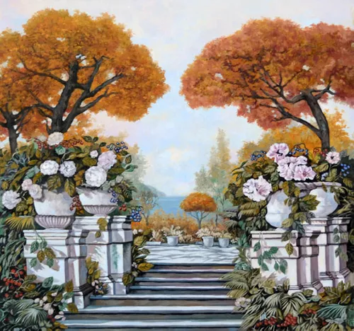 сад, деревья, цветы, осень, белые, оранжевые, лестница, небо
