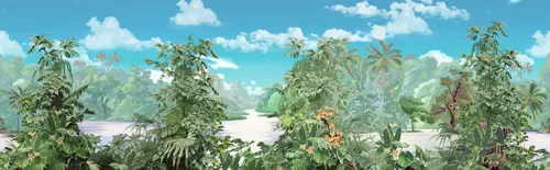 тропики, пальмы, растения, вода, водоем, горы, небо, облака, голубые