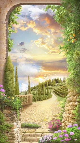 арка, вид из арки, дорога, горизонт, лес, деревья, растения, кусты, цветы, сиреневые, лестница, камень, изгородь, небо, облака, солнце