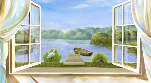 окно, вид из окна, лодки, вода, пруд, озеро, лес, деревья, цапля, небо, облака
