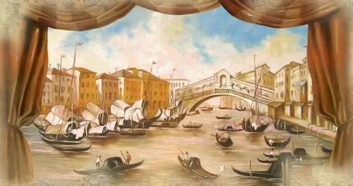 занавес, венеция, город на воде, вода, лодки, лодочники, мост, здания, дома, небо, облака, люди