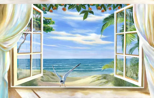 окно, вид из окна, птица, чайка, вода, море, волны, деревья, песок, трава, небо, облака