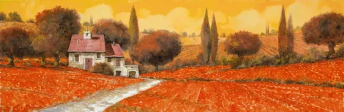 поле, красные, дом, домик, луга, дорога, деревья, небо, желтые, оранжевые, облака, цветы