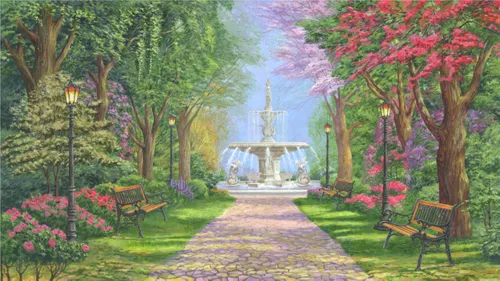 парк, сад, скамьи, деревья, кусты, кустарники, цветы, фонтан, статуя, скульптура, каменистая дорога, фонари, небо, зеленые, розовые, сиреневые, природа