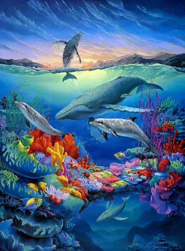 вода, под водой, море, океан, дельфины, киты, кораллы, водоросли, рыбки, рыбы, рыбка, рыба, морская звезда, горы, небо, месяц, синие, голубые, красные, зеленые, желтые, розовые