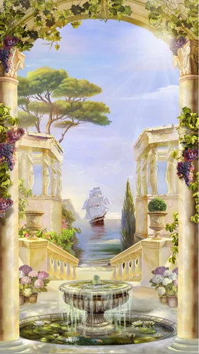 колонны, вид из арки, лианы, растения, цветы, фонтан, пруд, водоем, пионы, деревья, выход к морю, корабль, небо, облака, лучи солнца, зеленые, песочные цвета, на дверь, узкие, вертикальные